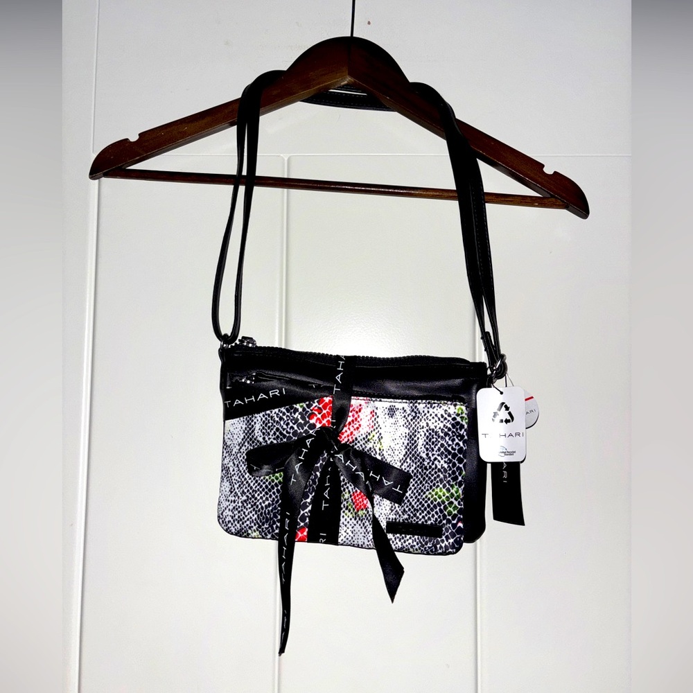 Tahari xbody Downtown Black Watercolor Floral Crossbody Purse & Makeup Bag NEW